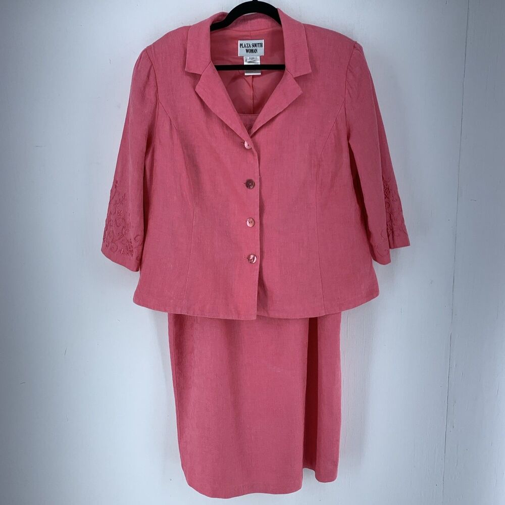 Vtg Womens 14W Suit Set‎ Dress Jacket Linen Blend Embroidered Trad Wife Feminine